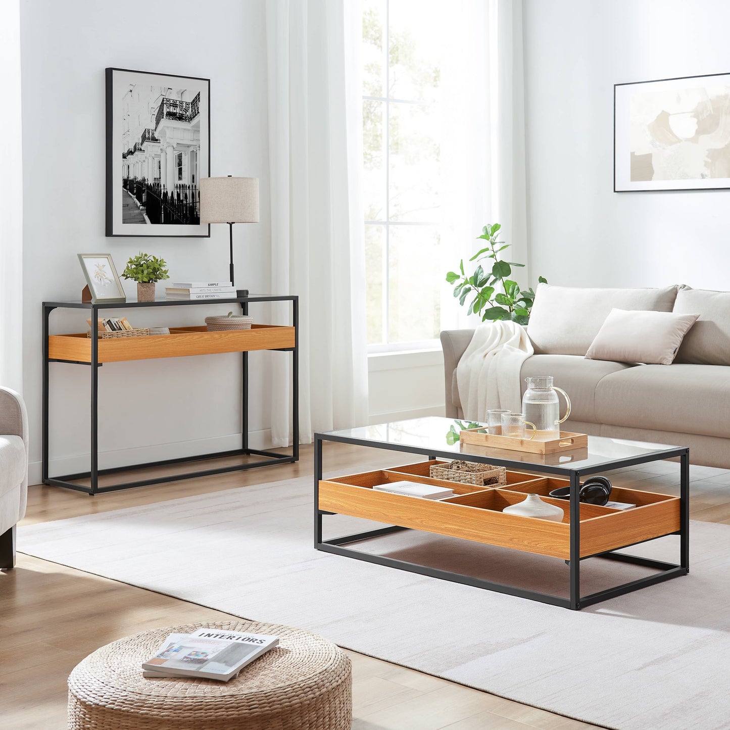 Saarinen Glass Display Rectangle Console Table - Golden Oak