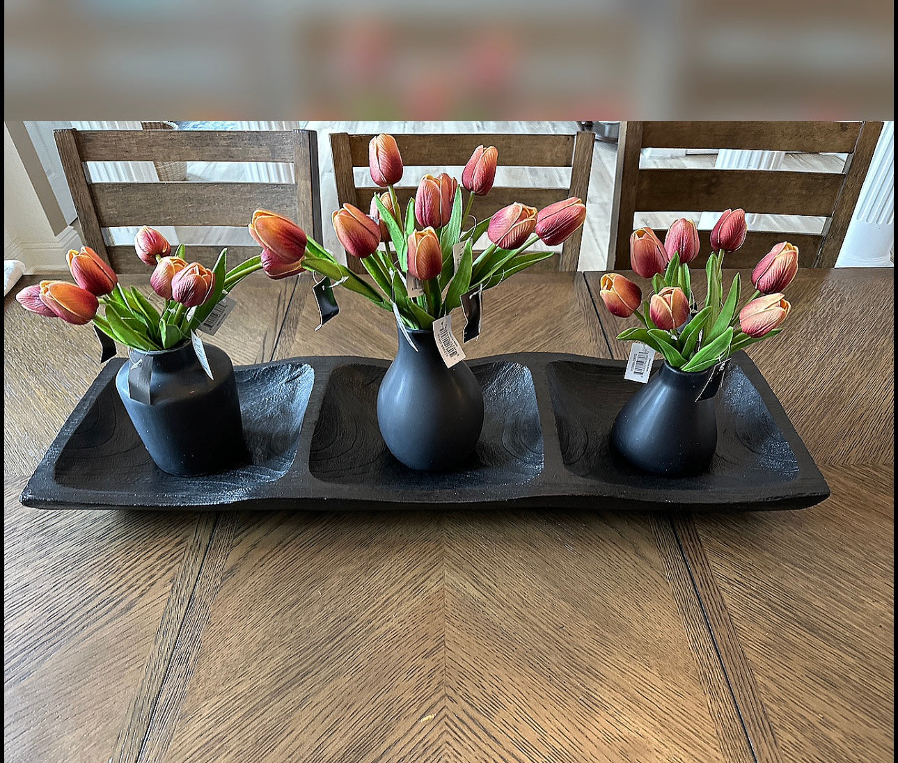 32.5 Inch Black Carved Rectangular Paulownia Wood Divided Tray - LAST TWO