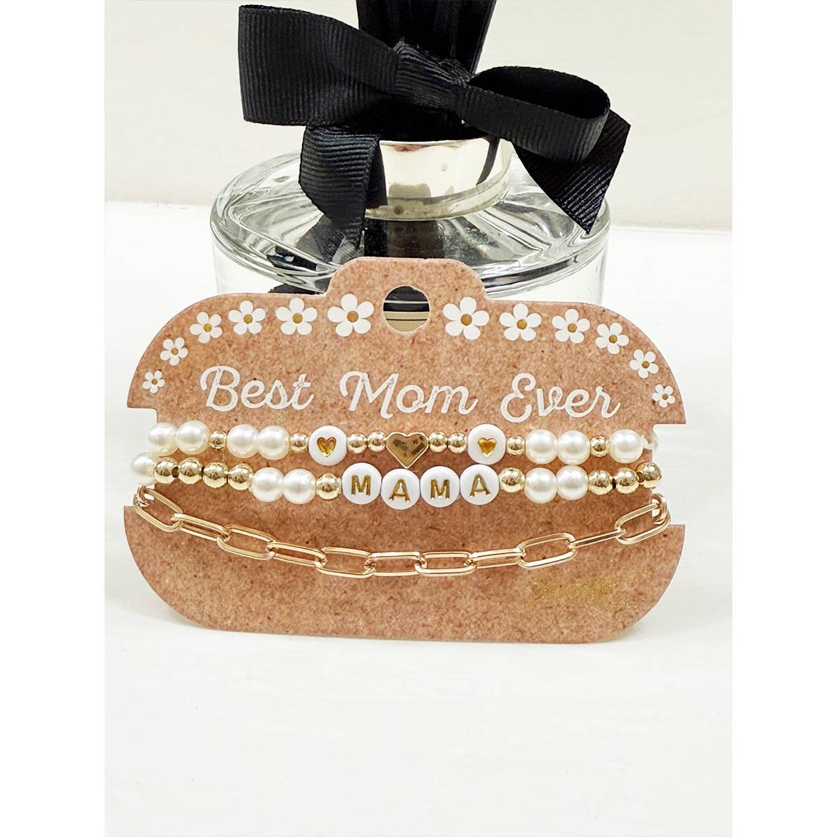 Pearl Beaded and Chain Mama Gold Bracelet