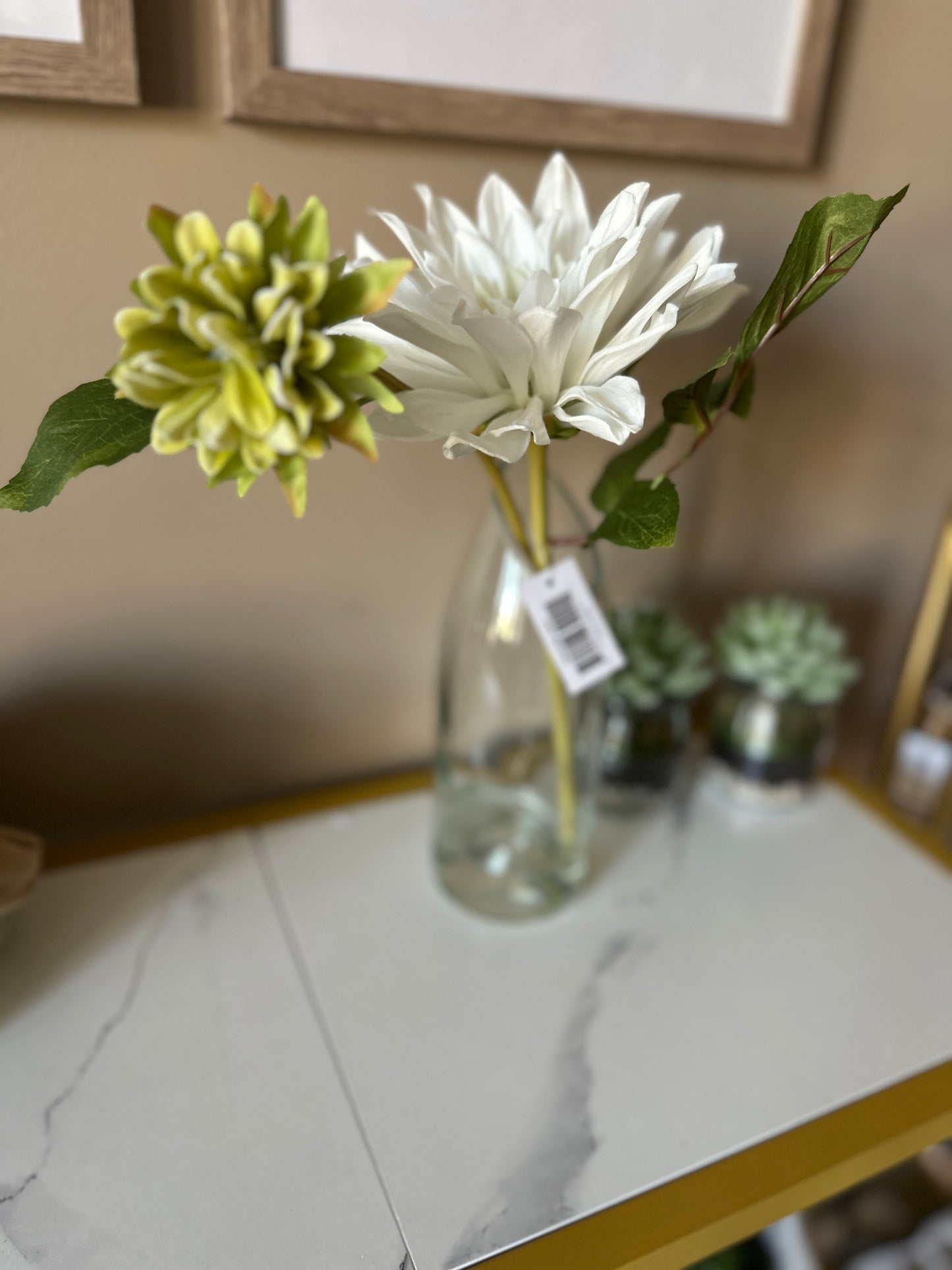 16 Inch White Real Touch 2 Bloom Dahlia Glass Vase Premade w/Faux Water - LAST ONE!