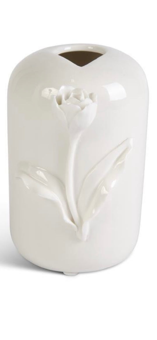 Pair of Tall White Ceramic Vase w/Raised Flowers