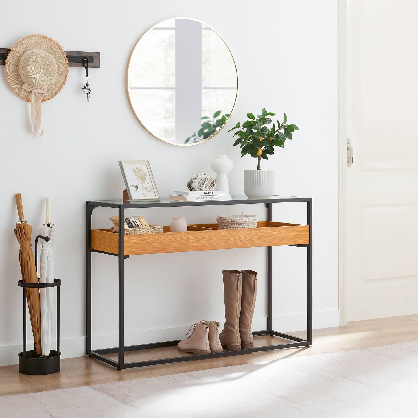 Saarinen Glass Display Rectangle Console Table - Golden Oak