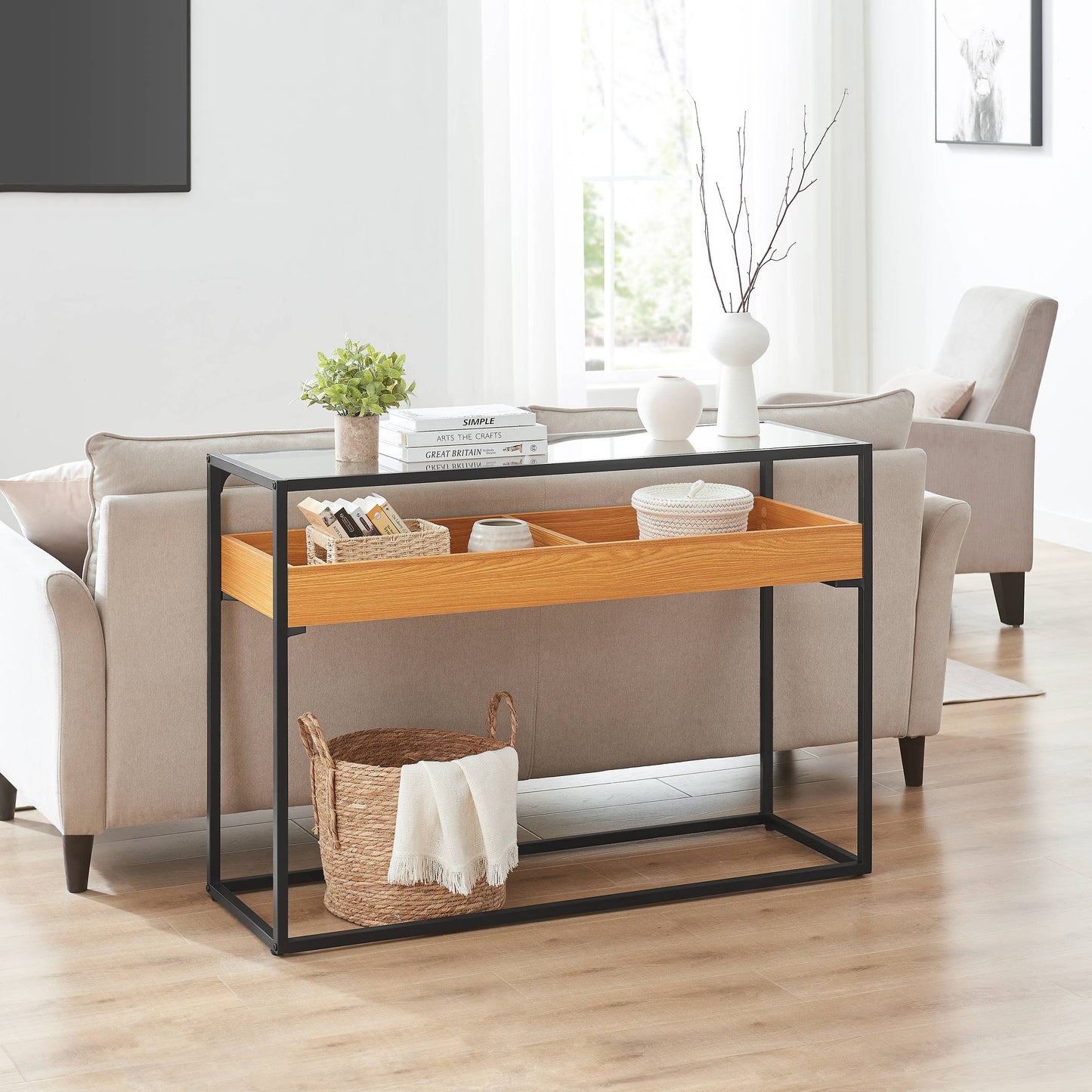 Saarinen Glass Display Rectangle Console Table - Golden Oak