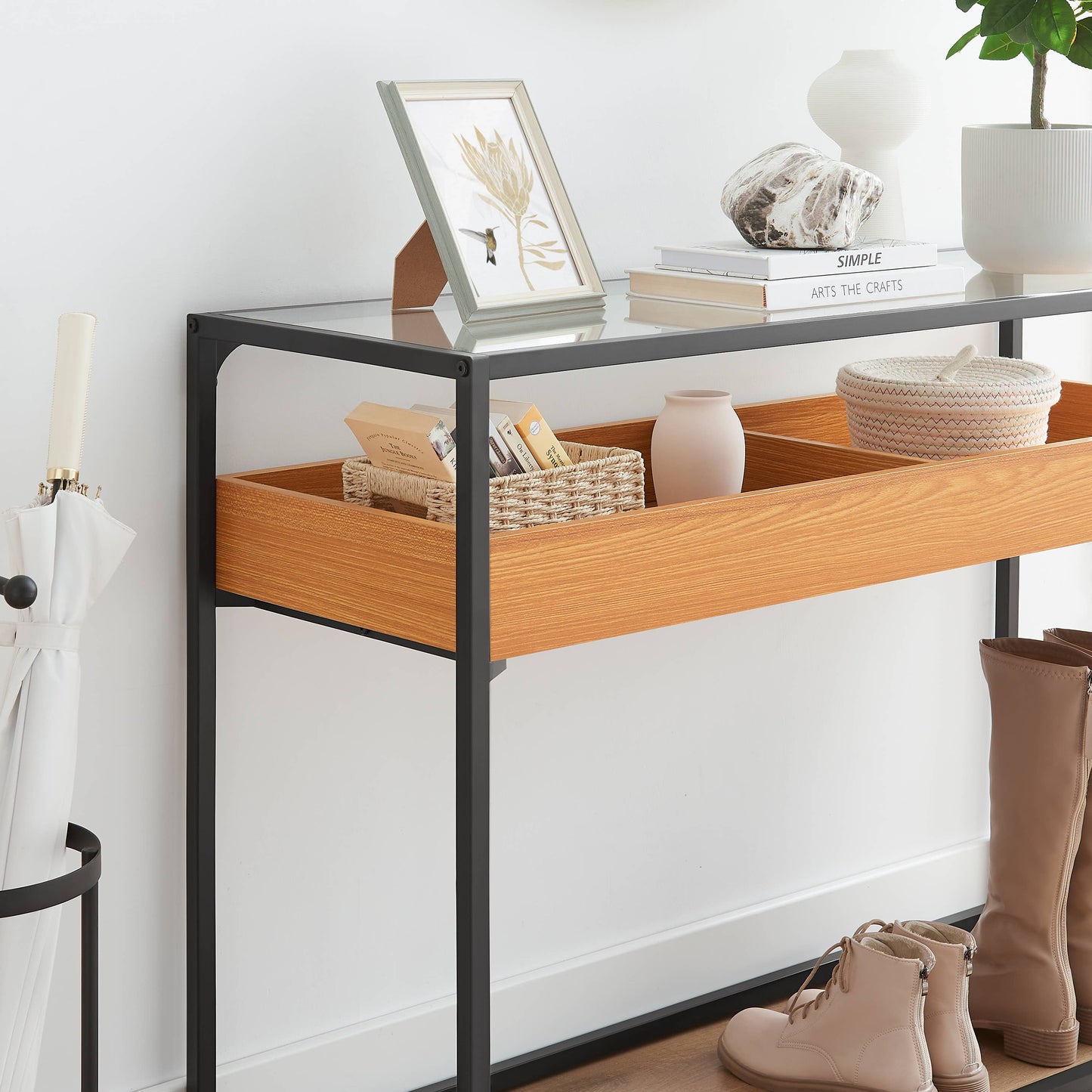 Saarinen Glass Display Rectangle Console Table - Golden Oak