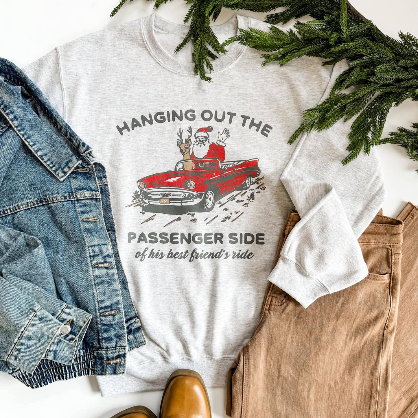 Funny Christmas Sweatshirt Holiday Crewneck Santa Car