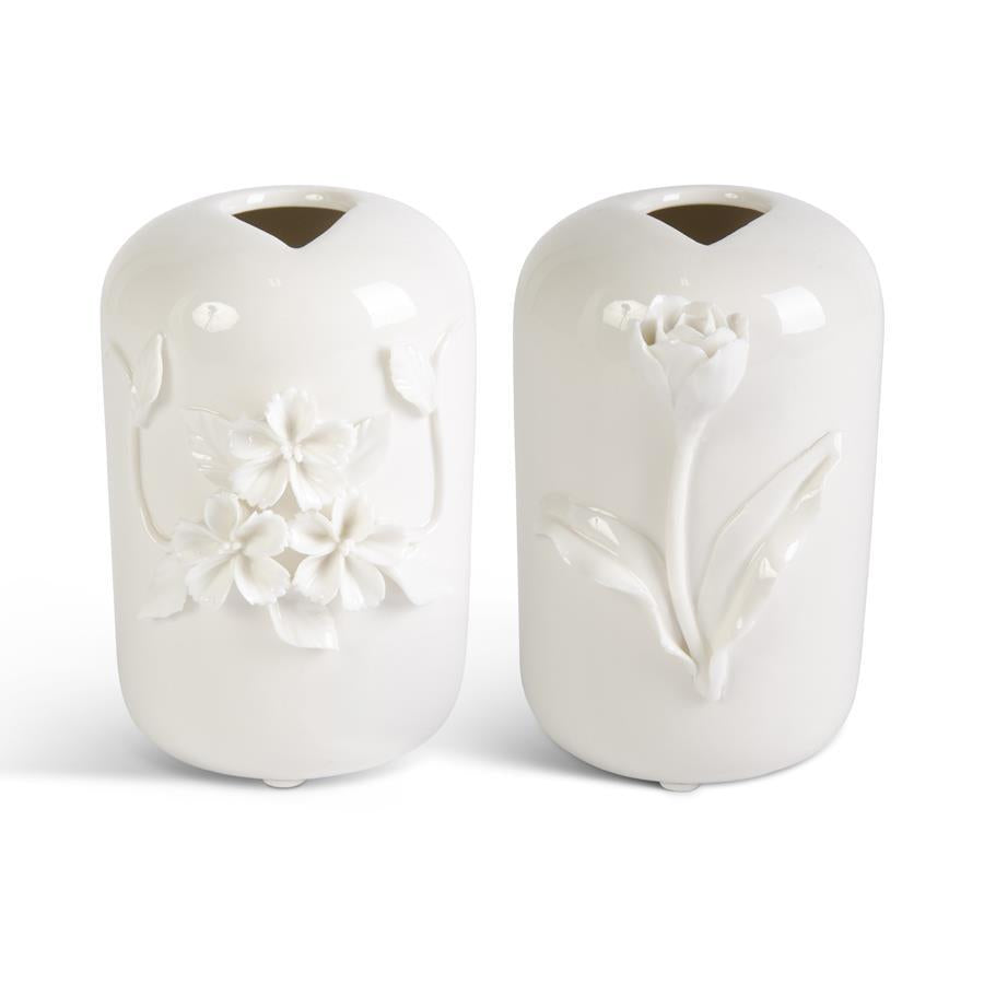 Pair of Tall White Ceramic Vase w/Raised Flowers