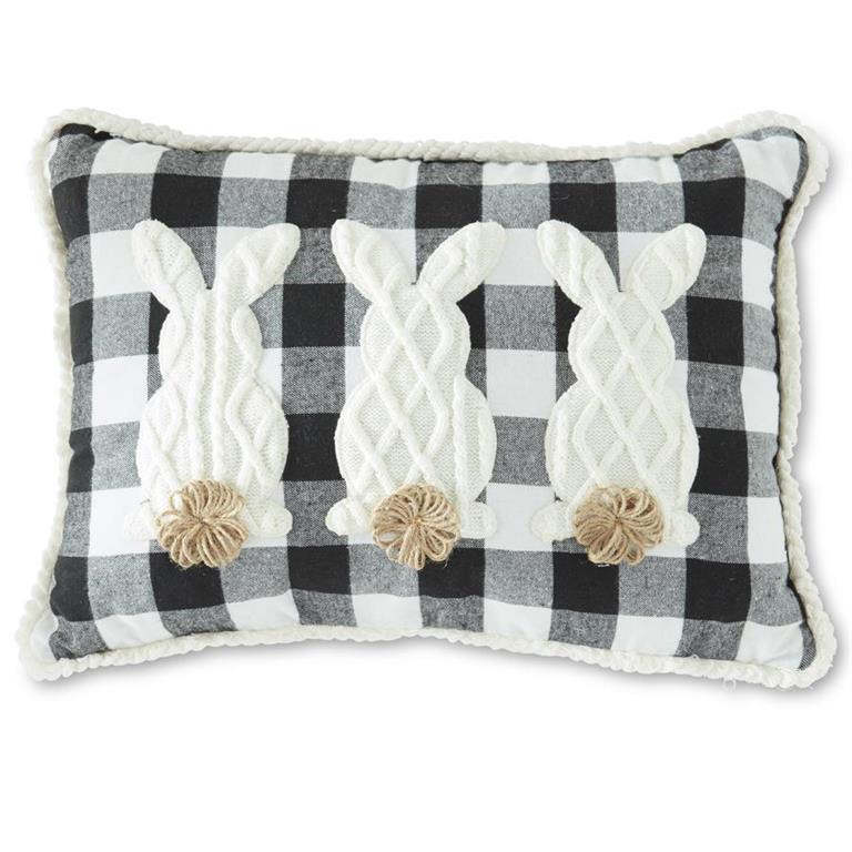 20 Inch Rectangular Black & White Check 3 Bunnies Pillow