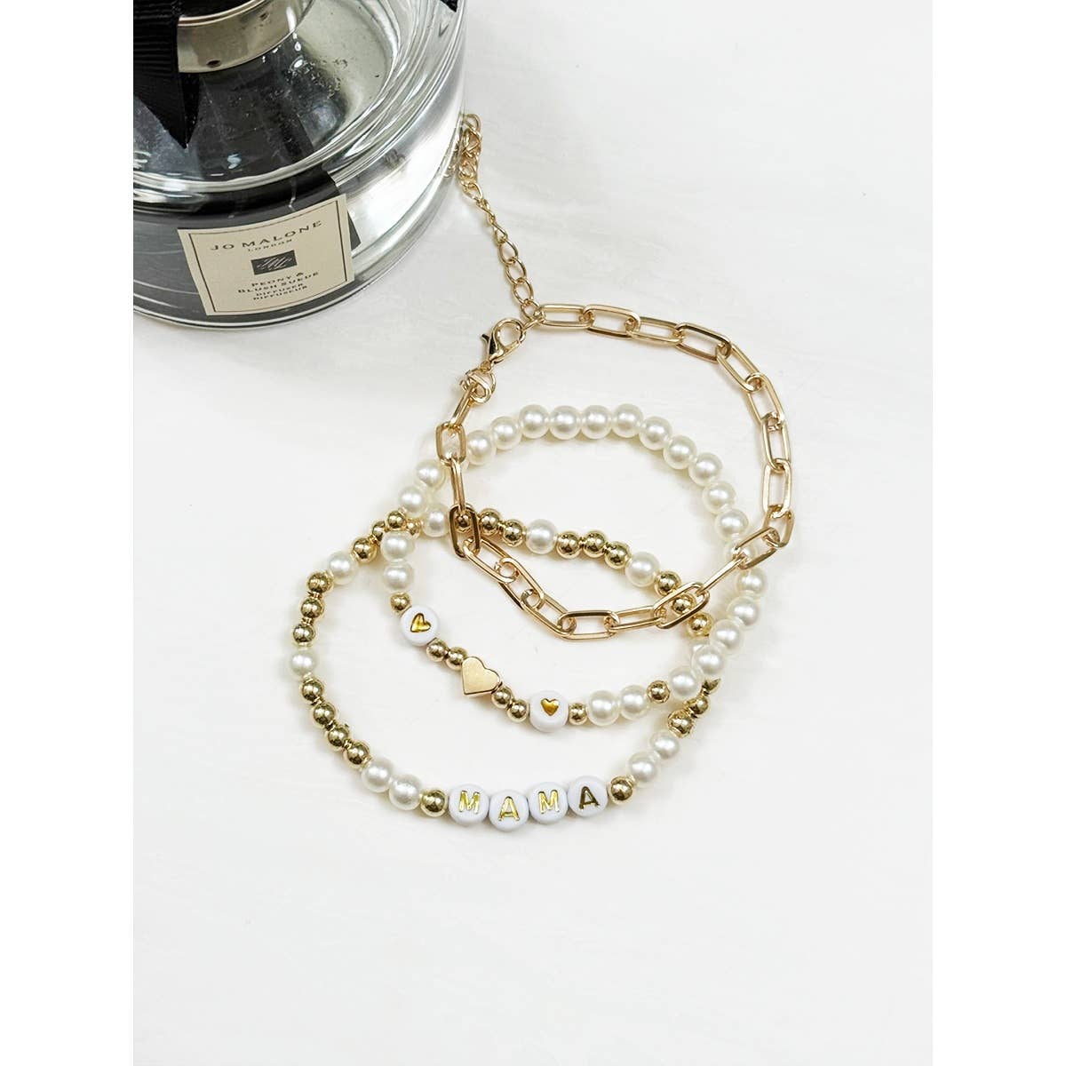 Pearl Beaded and Chain Mama Gold Bracelet