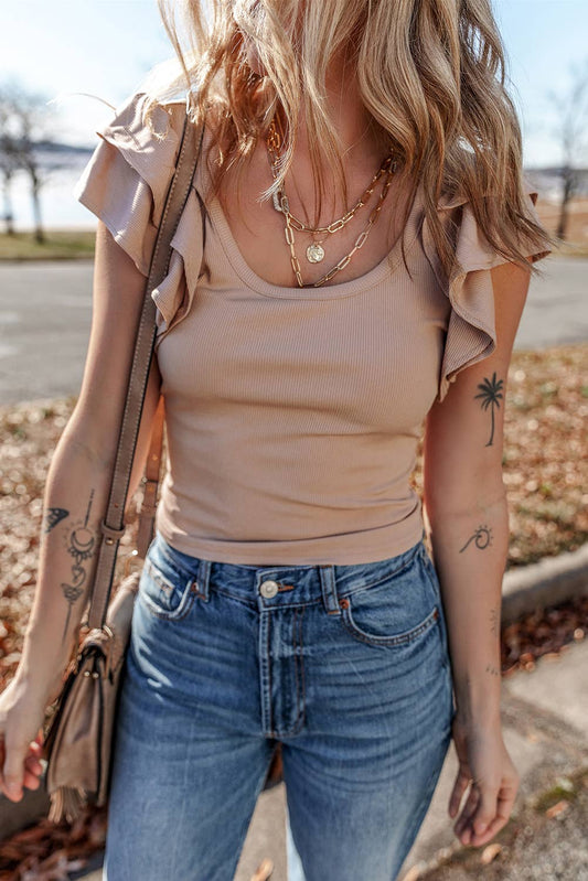 Ribbed Knit Ruffled Shoulder Slim Fit Tank Top
