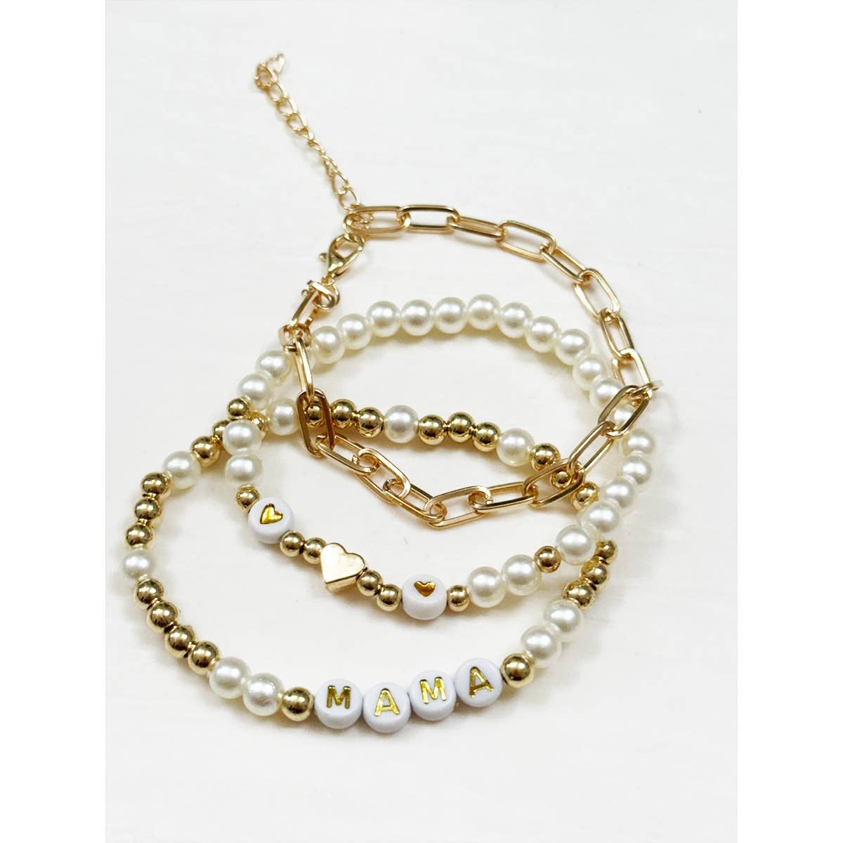 Pearl Beaded and Chain Mama Gold Bracelet