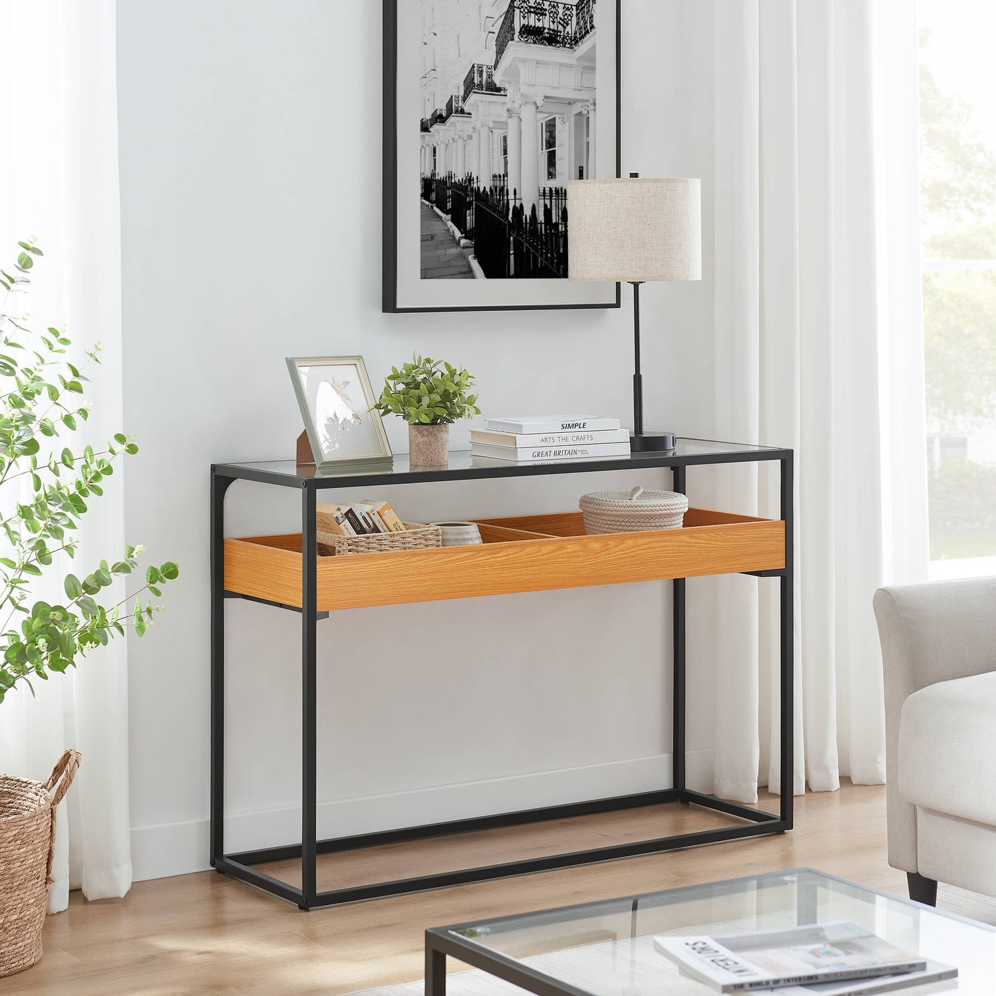 Saarinen Glass Display Rectangle Console Table - Golden Oak