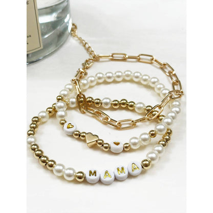 Pearl Beaded and Chain Mama Gold Bracelet