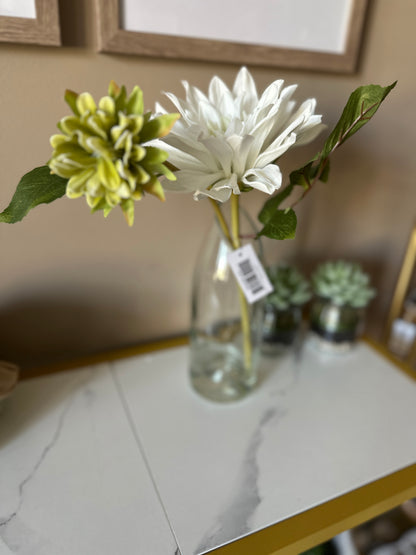 16 Inch White Real Touch 2 Bloom Dahlia Glass Vase Premade w/Faux Water - LAST ONE!