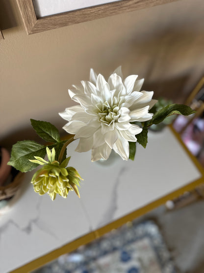 16 Inch White Real Touch 2 Bloom Dahlia Glass Vase Premade w/Faux Water - LAST ONE!