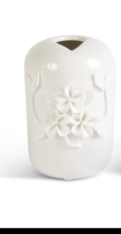 Pair of Tall White Ceramic Vase w/Raised Flowers