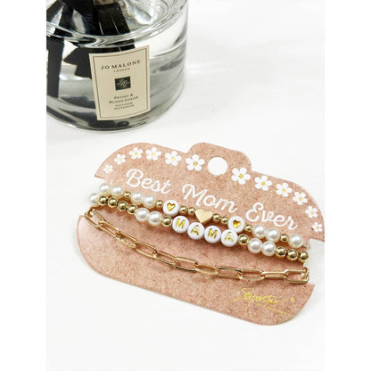 Pearl Beaded and Chain Mama Gold Bracelet