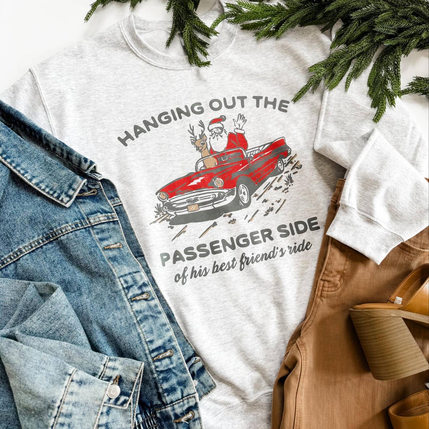 Funny Christmas Sweatshirt Holiday Crewneck Santa Car