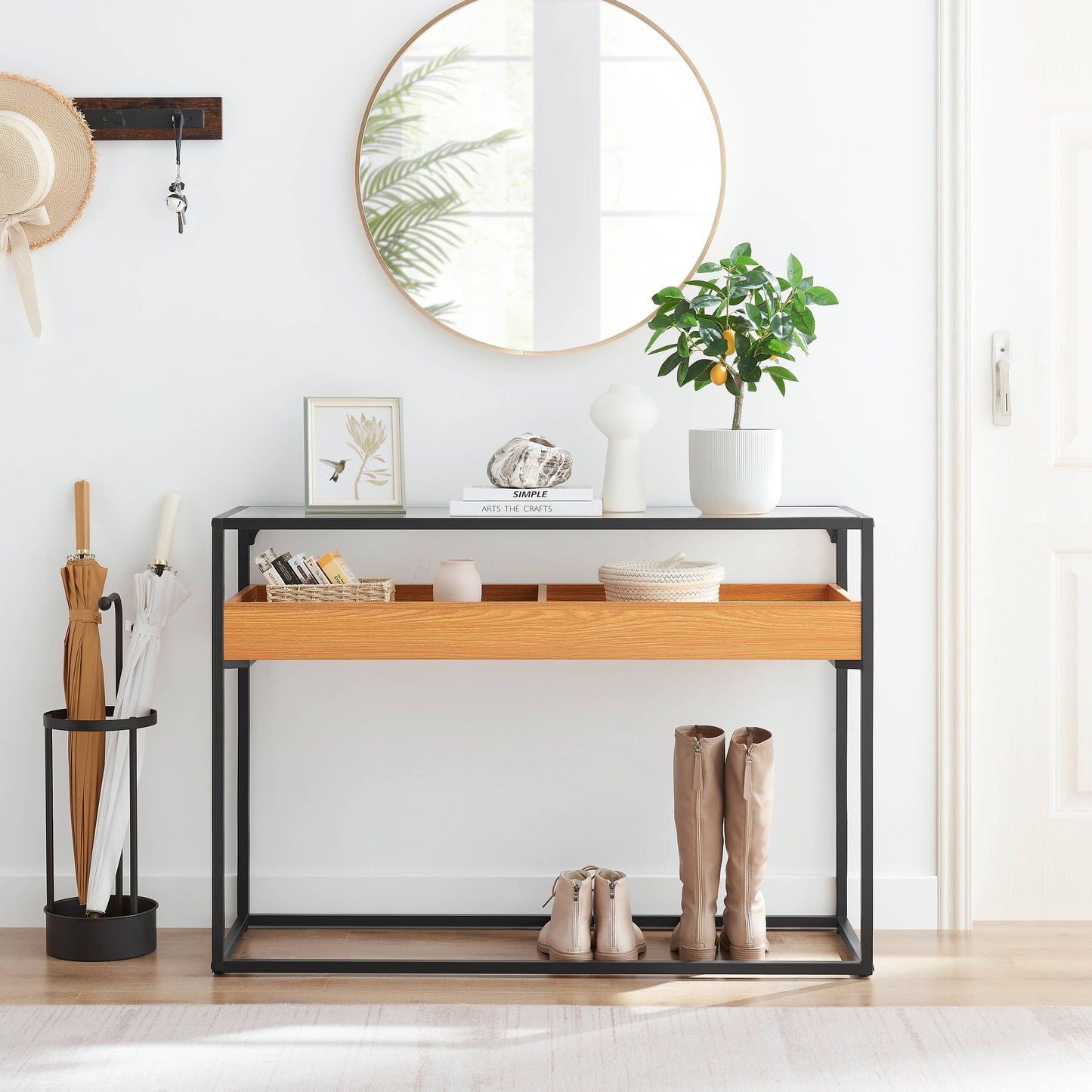 Saarinen Glass Display Rectangle Console Table - Golden Oak